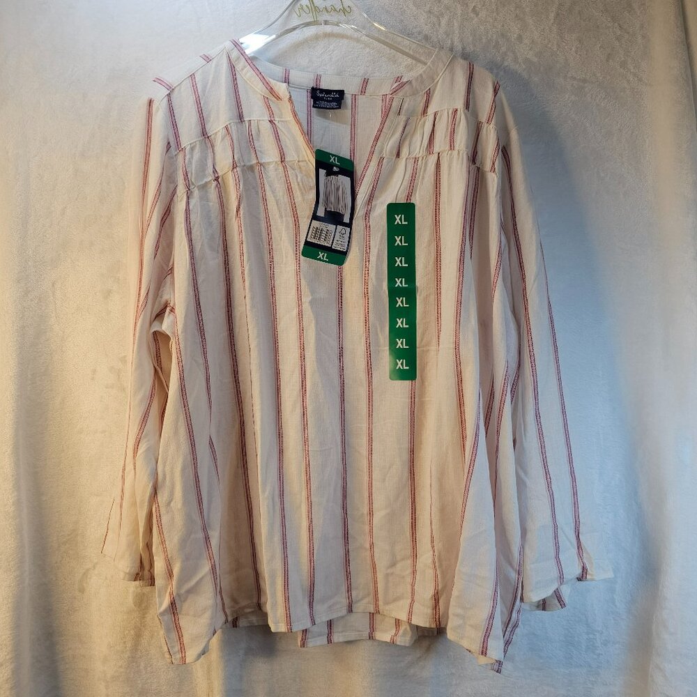 Splendid Women Chambray Blouse V-Neck Relax Preshrunk Pink Stripped Size XL